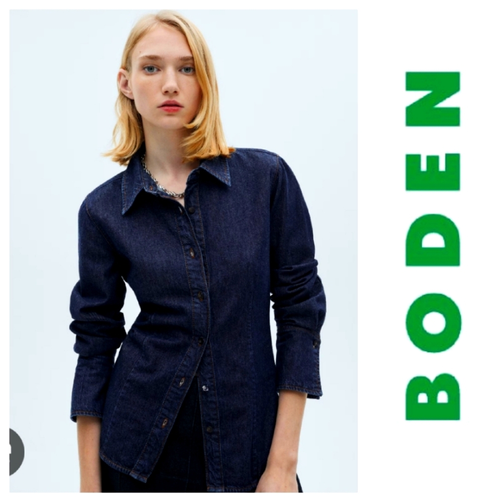 new!BODEN dark wash jean denim shirt pockets polka dot inside collar like new!